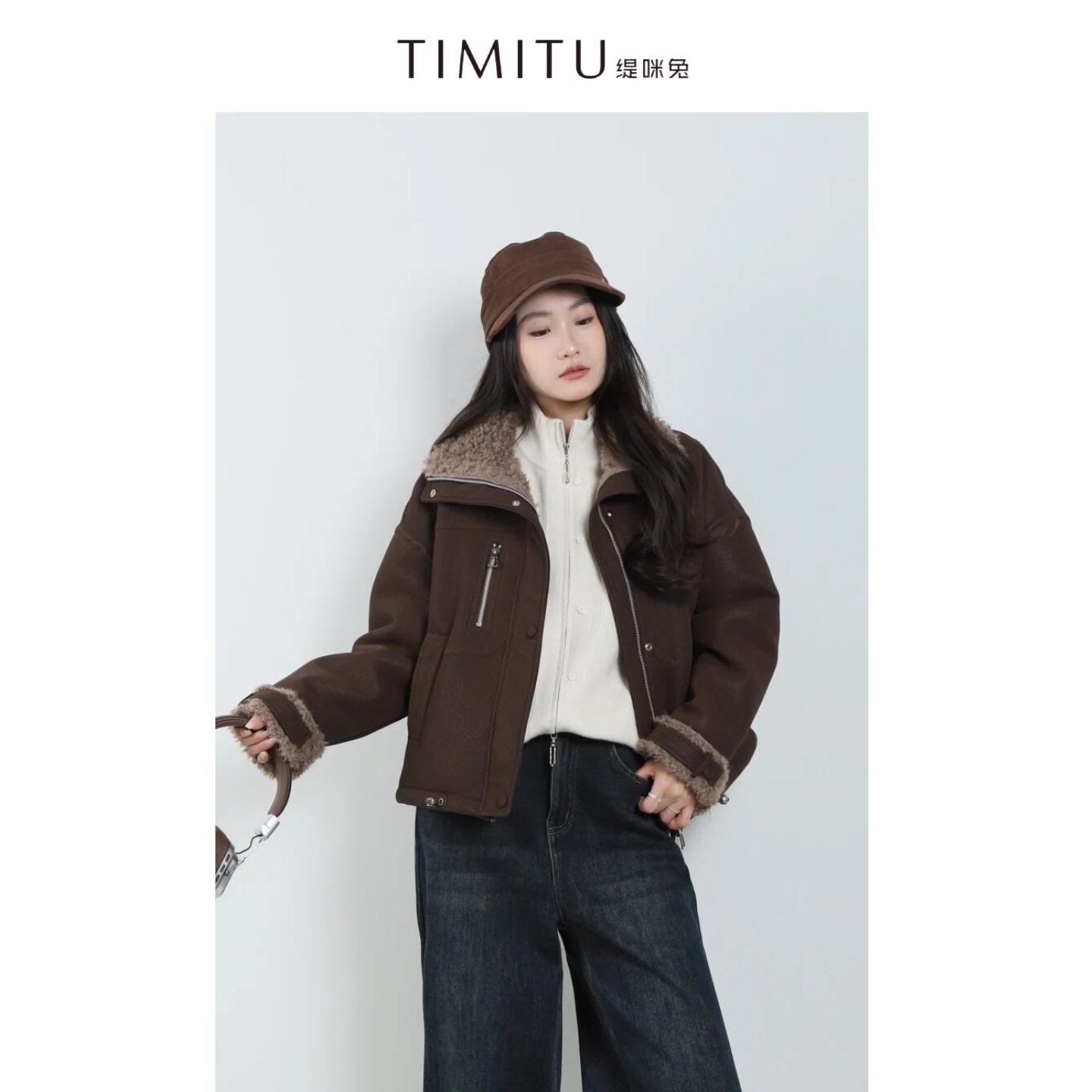 TIMITU缇咪兔美拉德毛毛拼接PU哑光雾面外套34424053