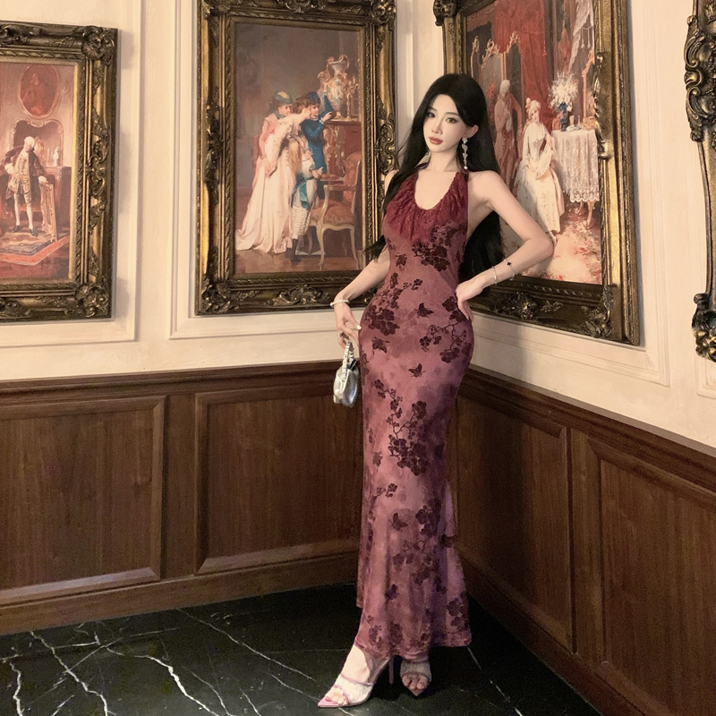 礼服聚会装扎染蕾丝网纱鱼尾连衣裙性感长裙生日趴