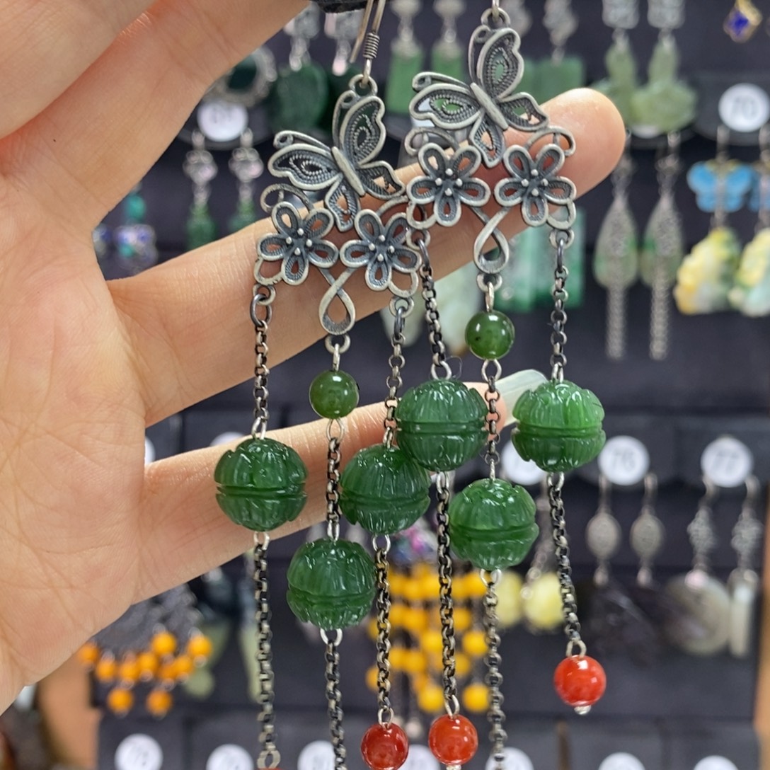 心***水和田玉银S925镶嵌耳饰X16