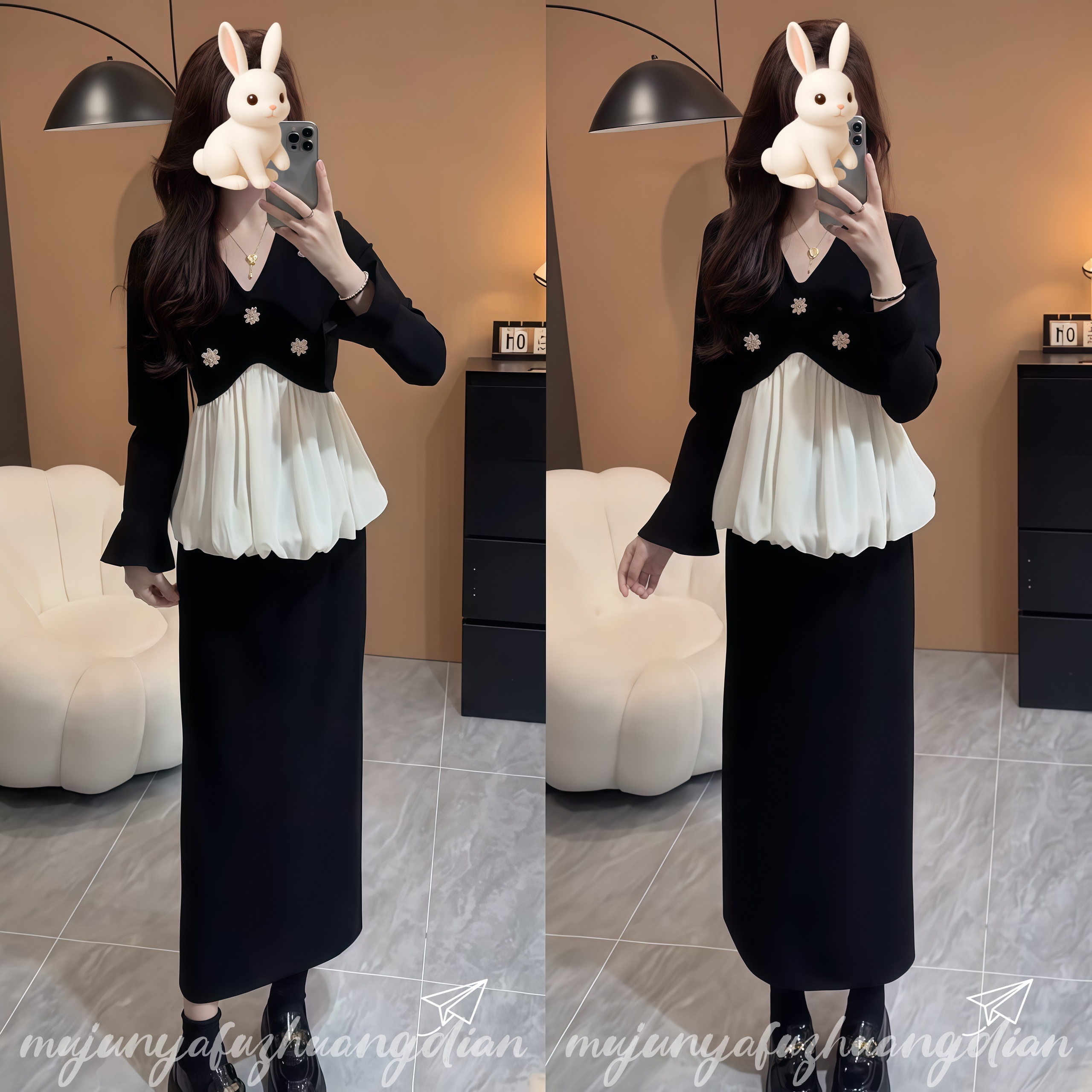 法式假两件丝绒套装女秋季高级感显瘦黑色上衣裙子两件套