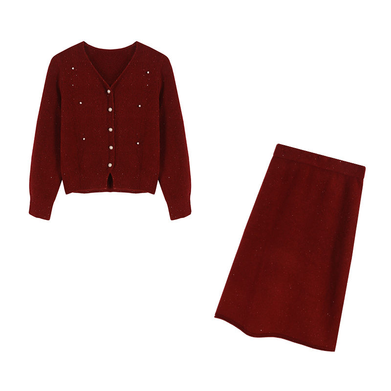 年底清仓大码胖妹红色2025春季针织上衣遮肉半身裙两件套ZL102281