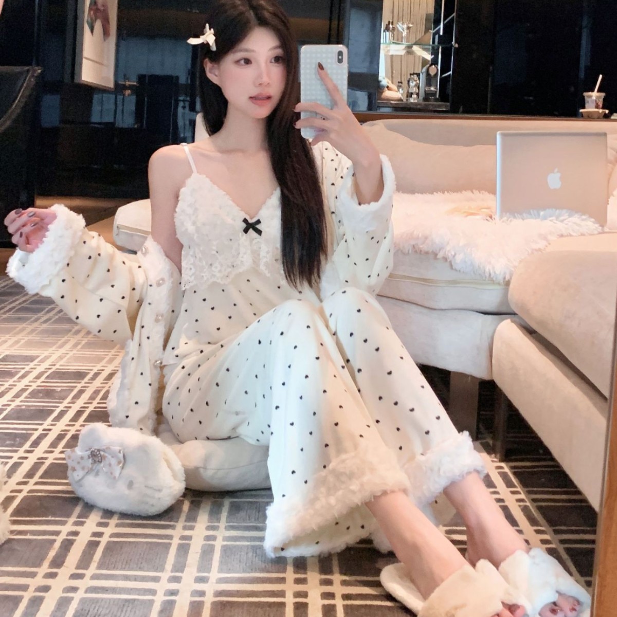 【爱丫】海岛绒三件套睡衣女秋冬纯欲吊带胸垫保暖长袖家居服套装