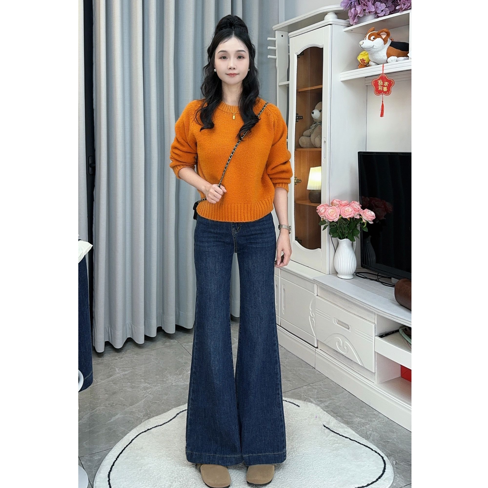 PERIKAS黛蓝牛仔裤秋季新款百搭宽松弹力垂感高腰喇叭裤时尚