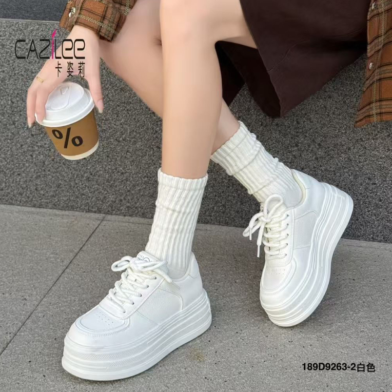 秋季真皮圆头系带厚底内增高小白鞋休闲板鞋运动风女鞋9263