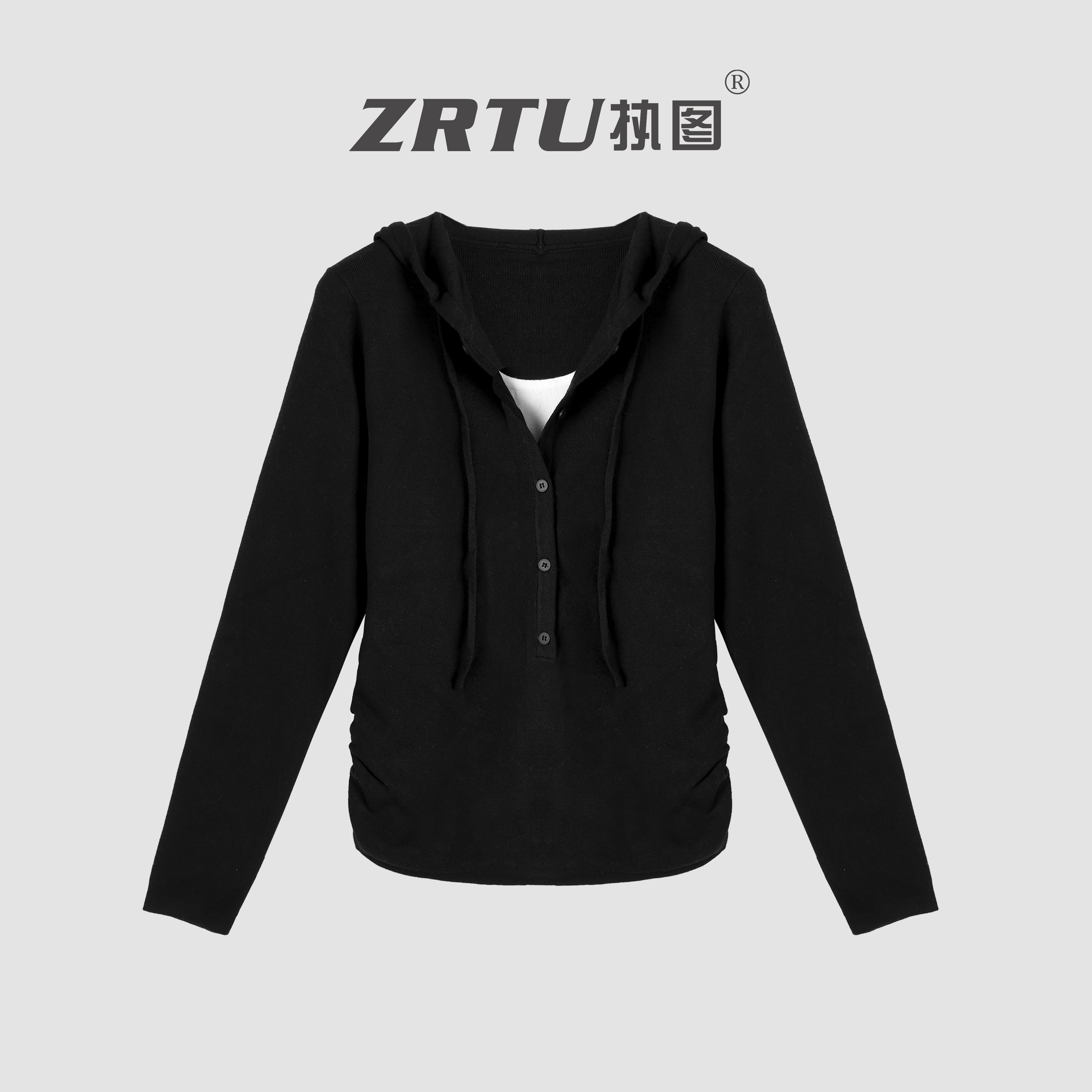 ZRTU/执图2025秋季新款休闲风长袖连帽拼接百搭假两件毛针织衫