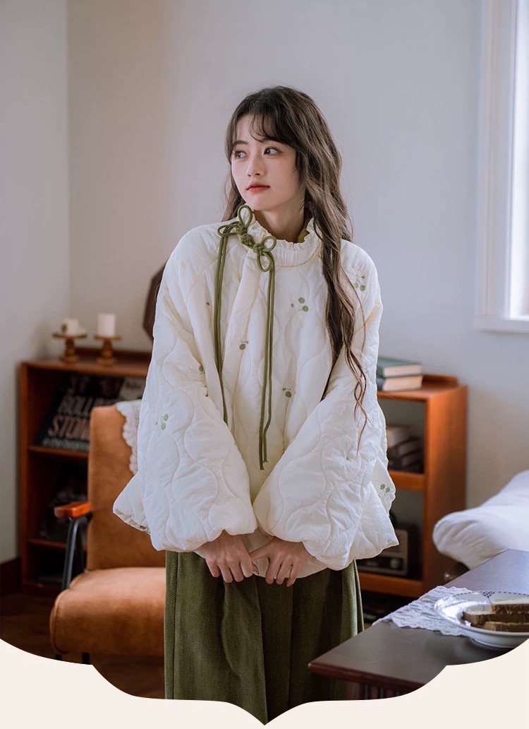 【青栀】青色玫瑰刺绣新中式花苞棉服保暖加绒秋冬宽松外套