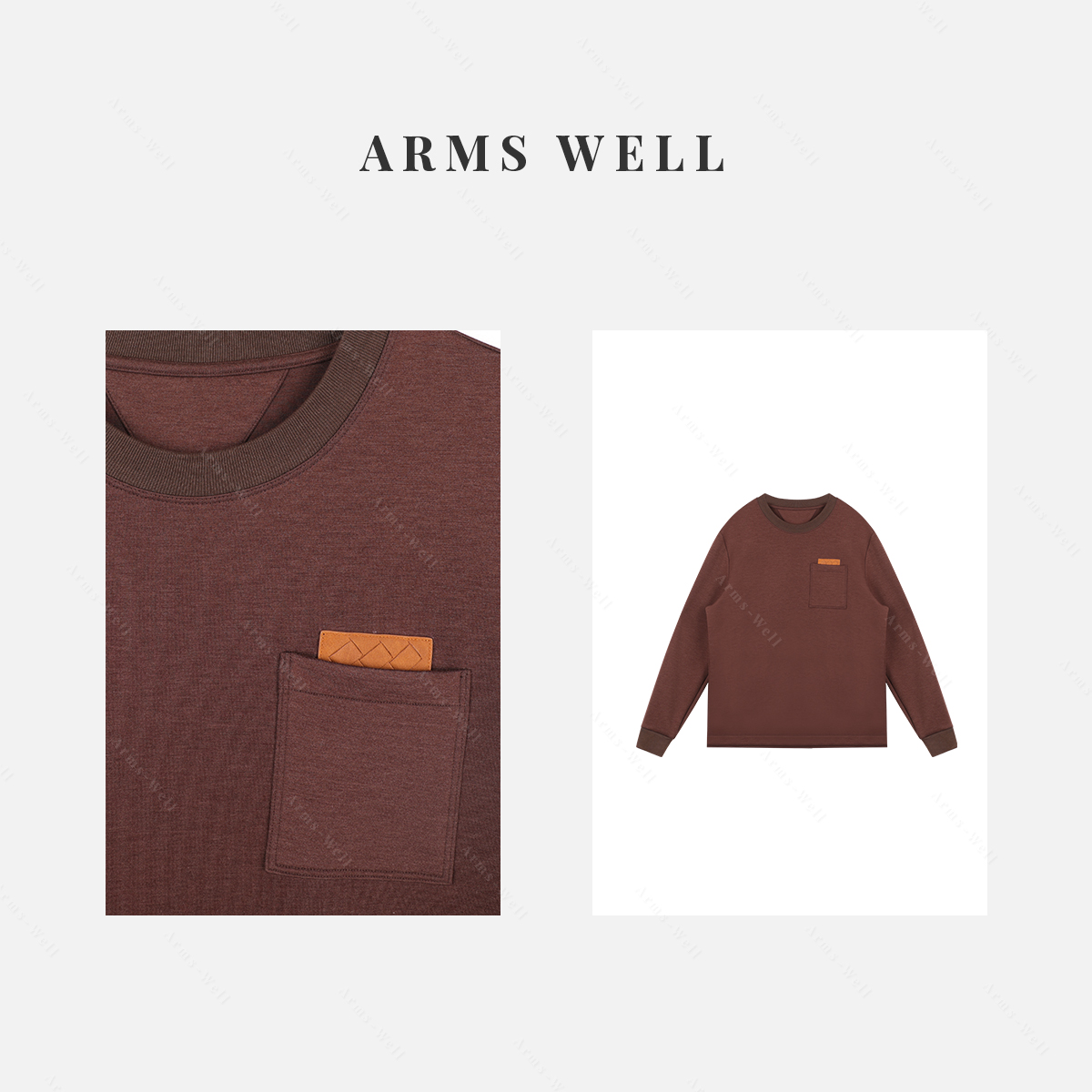 ARMS WELL王囡囡 咖啡色前口袋圆领莫代尔羊毛长袖T恤（男装）L247