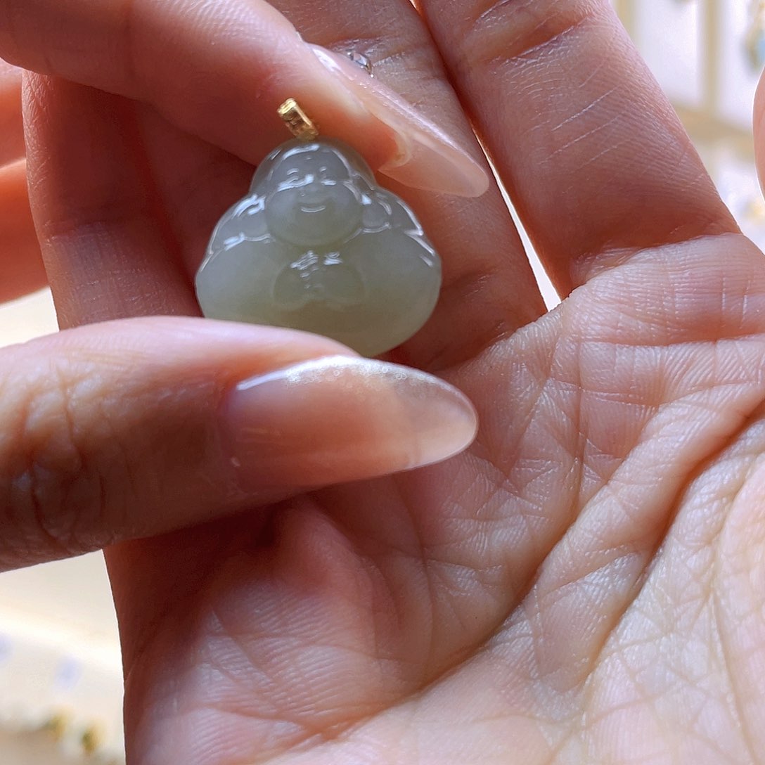 和田玉吊坠(赠链)18K金镶嵌小****～