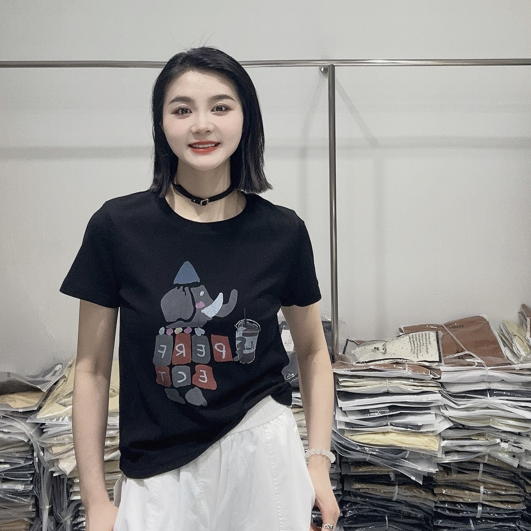 LMM 81161 2025夏季新款欧货韩版圆领卡通大象印花百搭短袖T恤女