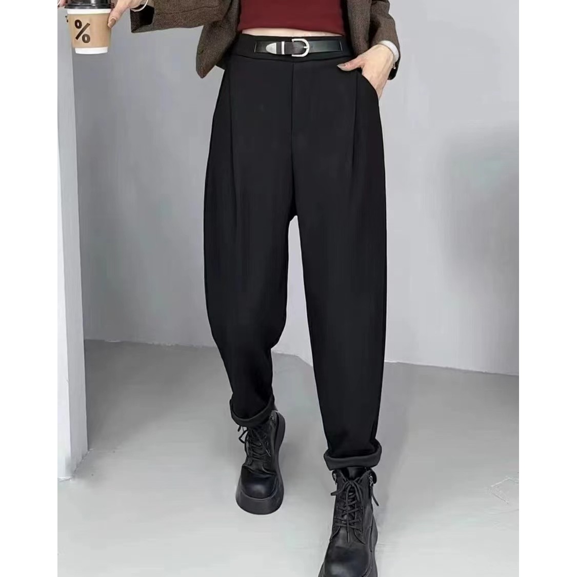 8532-高腰显瘦加绒裤子秋冬季休闲加厚哈伦运动裤