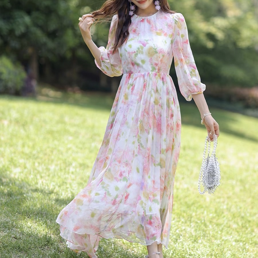 100桑蚕丝微醺玫瑰长裙真丝度假风七分袖飘逸连衣裙SZQ09