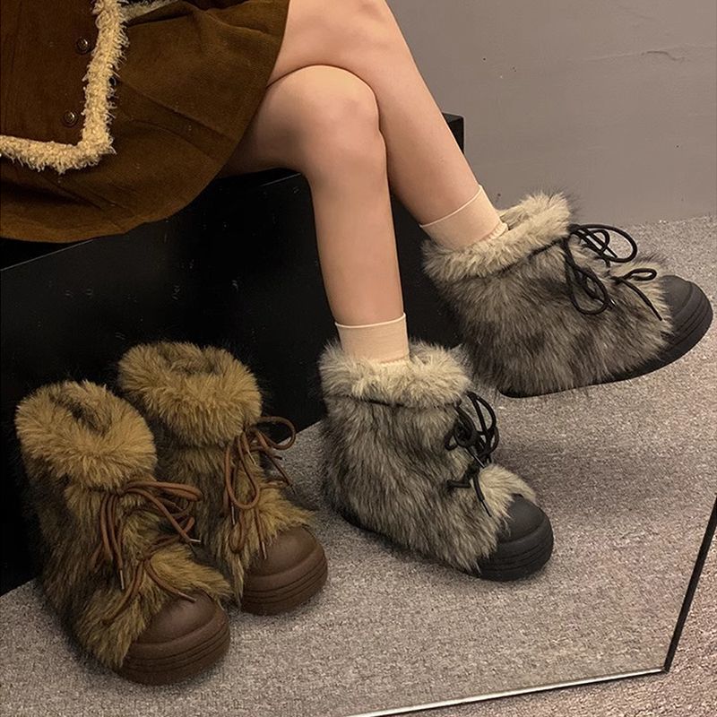 毛毛雪地靴2025年冬季新款加绒加厚防滑棉鞋大头系带厚底靴子女