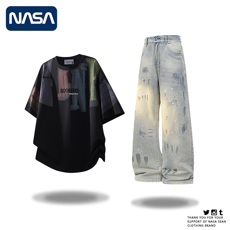 NASA休闲套装夏季新款潮流印花短袖T恤搭配牛仔裤两件套高级感