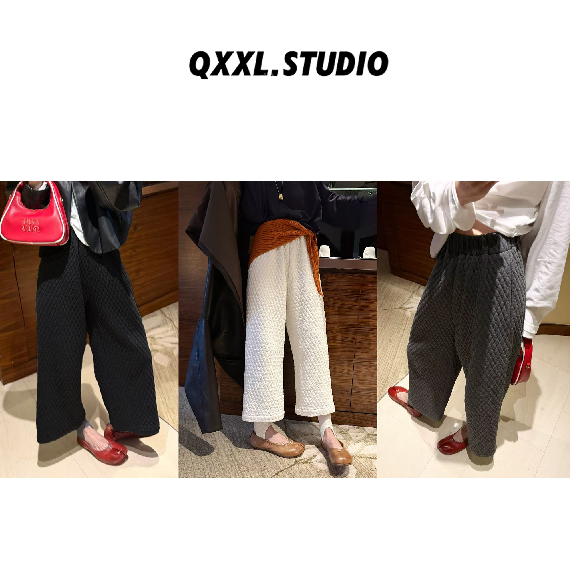 邱小小丽呀 冬季新款复古加厚菱形格九分裤女宽松休闲直筒阔腿裤
