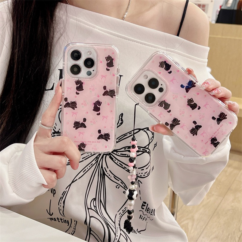 可爱粉色碎花蝴蝶结黑猫适用iphone16Promax苹果15手机壳14双层13