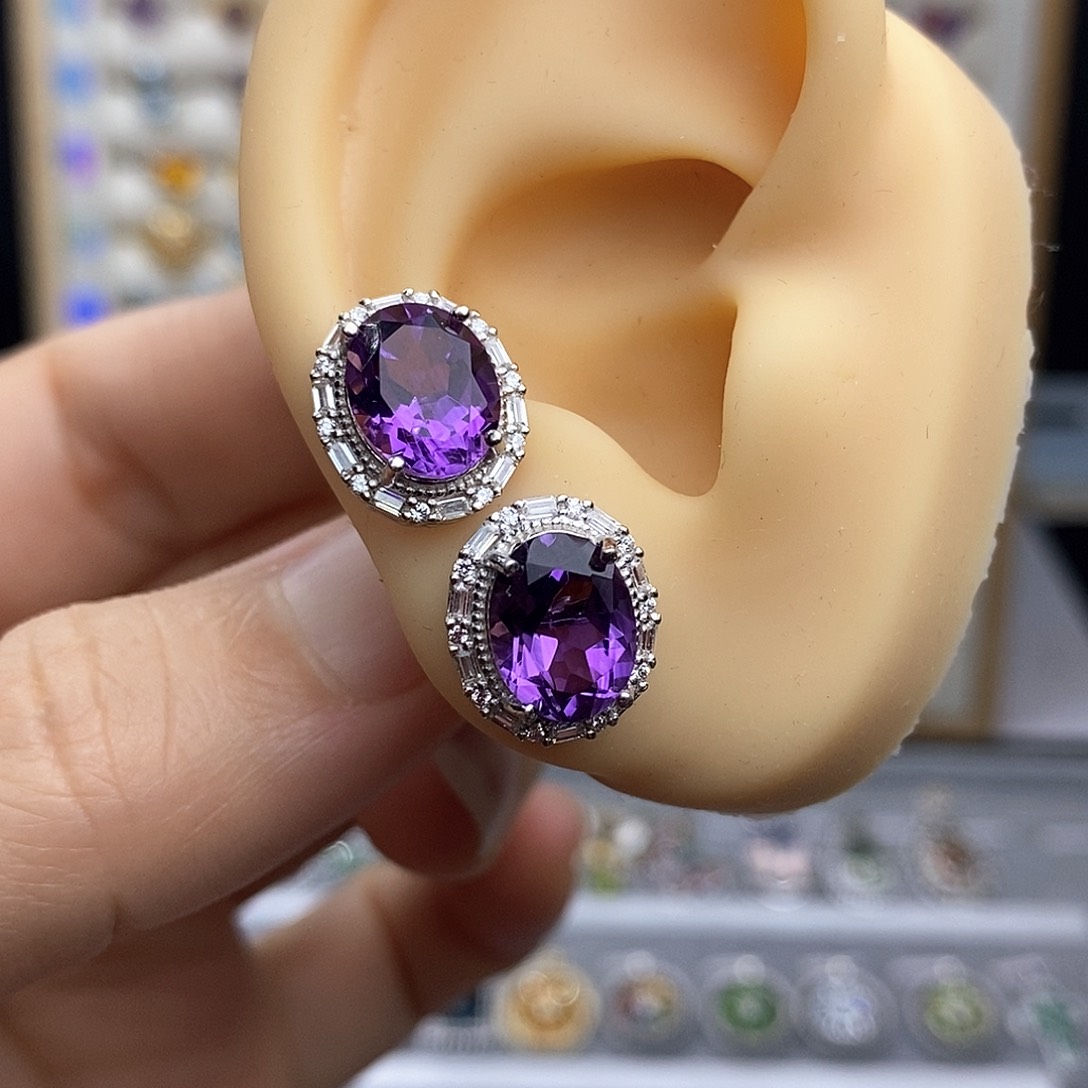 银S925镶嵌耳饰紫晶初**雨不含证书