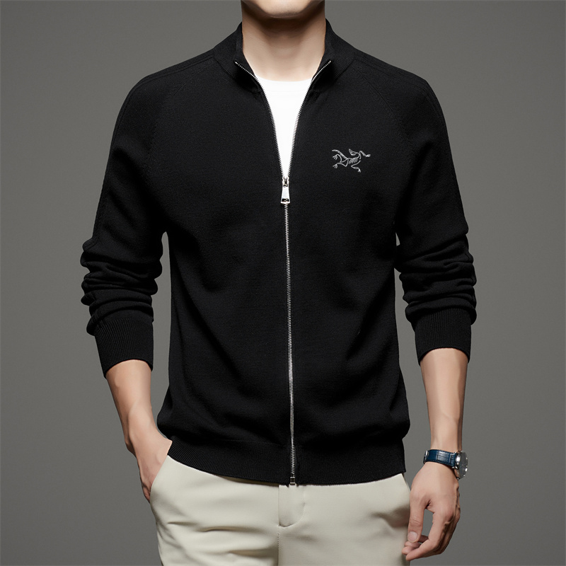 【奥特莱斯】正品刺绣鸟男士羊毛开衫上衣春秋新款高档针织立领外套