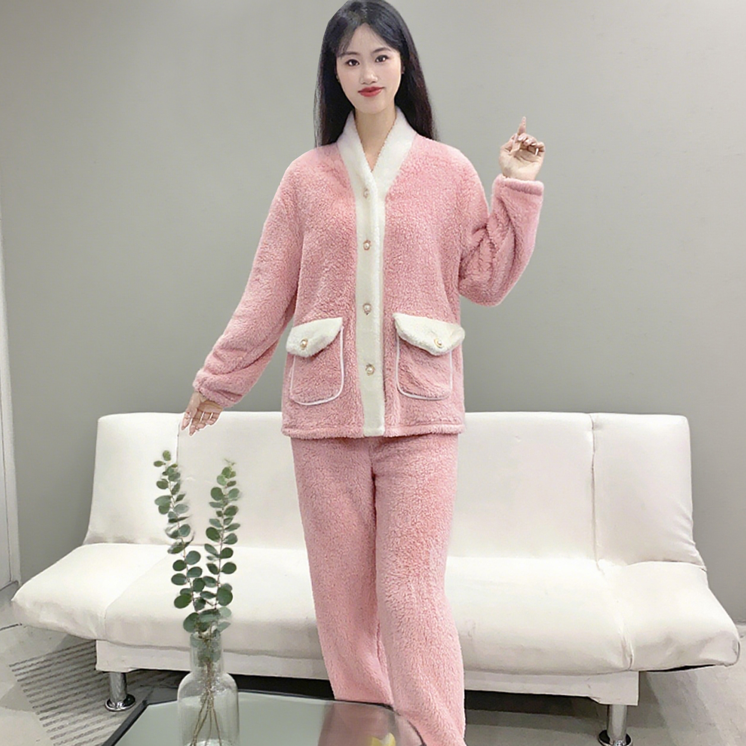 女士冬季睡衣2025新款法兰绒加厚珊瑚绒甜美可爱家居服套装Y138