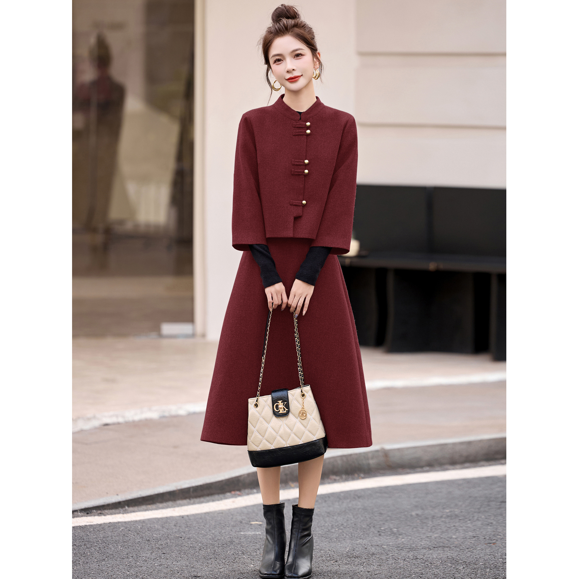 新中式国风毛呢套装女装2025秋冬季一整套穿搭高级感半身裙两件套