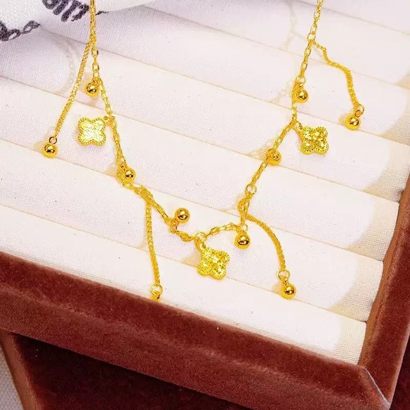 铜合金项链 碎冰四叶草流苏项链