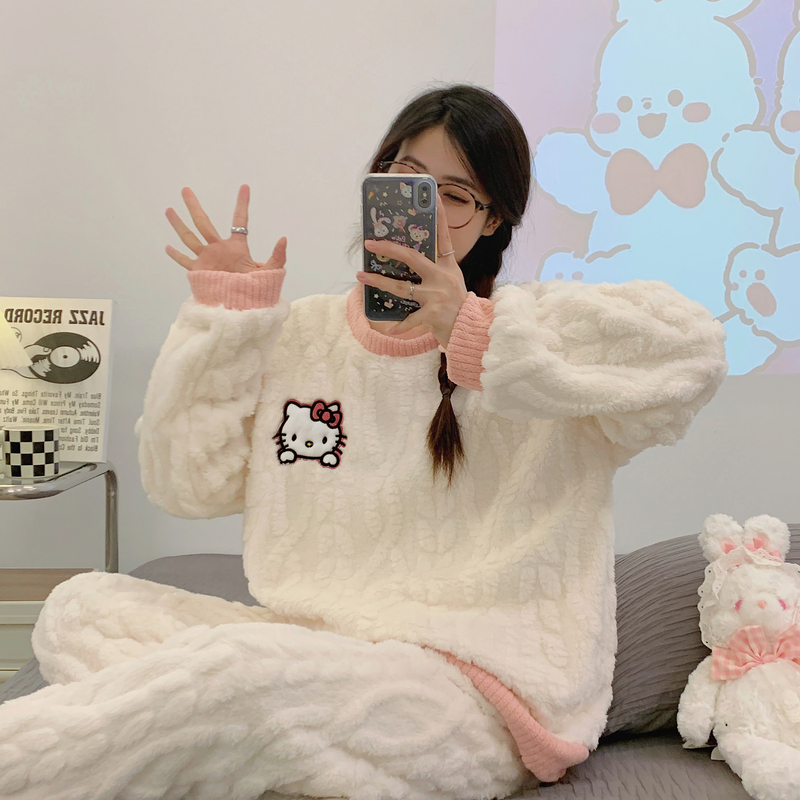 【钰汐专属】冬季绒款圆领套头可爱卡通绒睡衣女加绒加厚甜美家居服