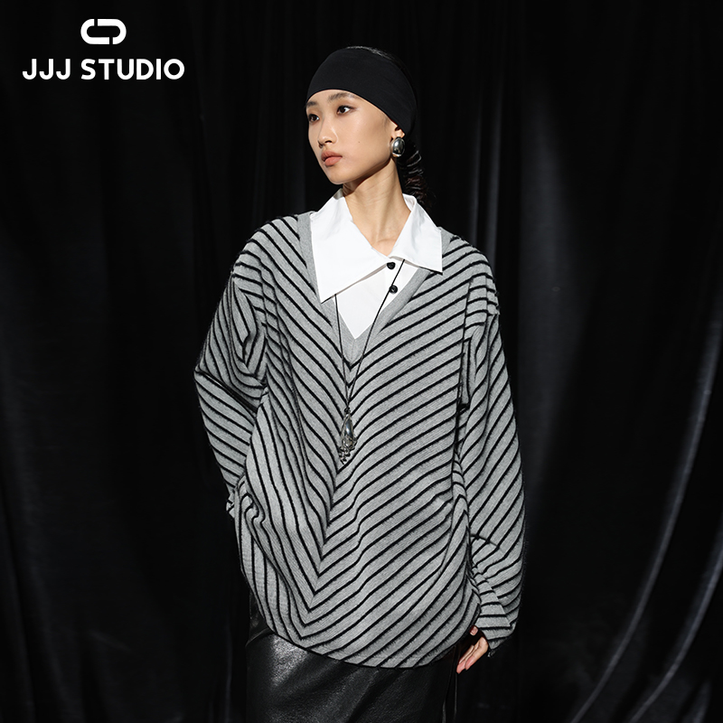 JJJ STUDIO黑灰条纹假两件时尚拼接显瘦上衣女百搭新款JDWWW1N398