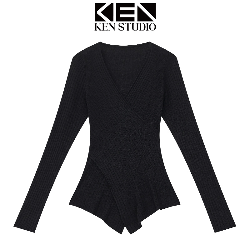 KEN STUDIO秋冬新款黑色修身显瘦长袖针织衫女休闲百搭打底衫上衣