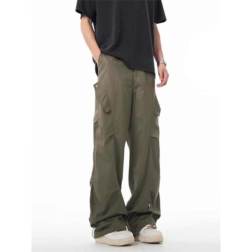 美式高街军绿色工装伞兵裤男潮牌皱褶设计感宽松直筒休闲运动裤子