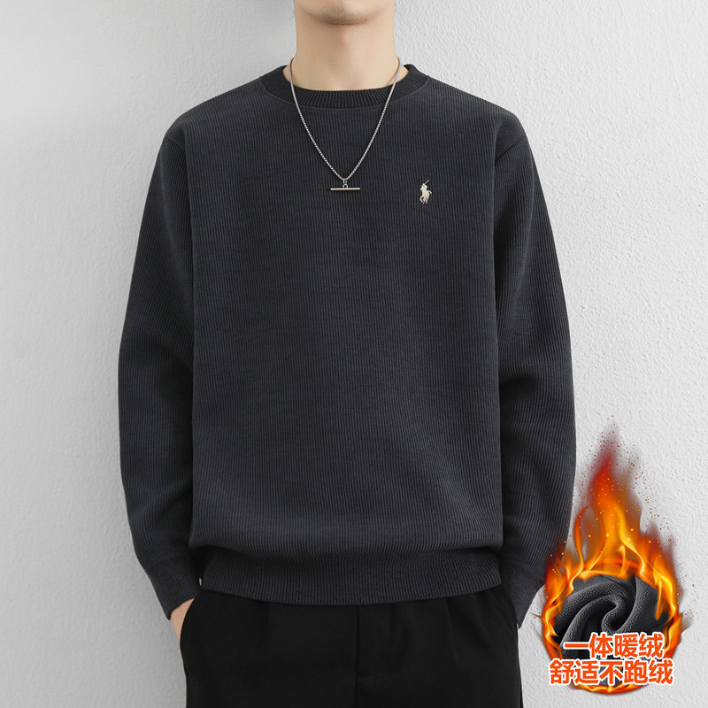 加厚一体绒纯色毛衣针织圆领针织衫刺绣男士舒适冬季R877