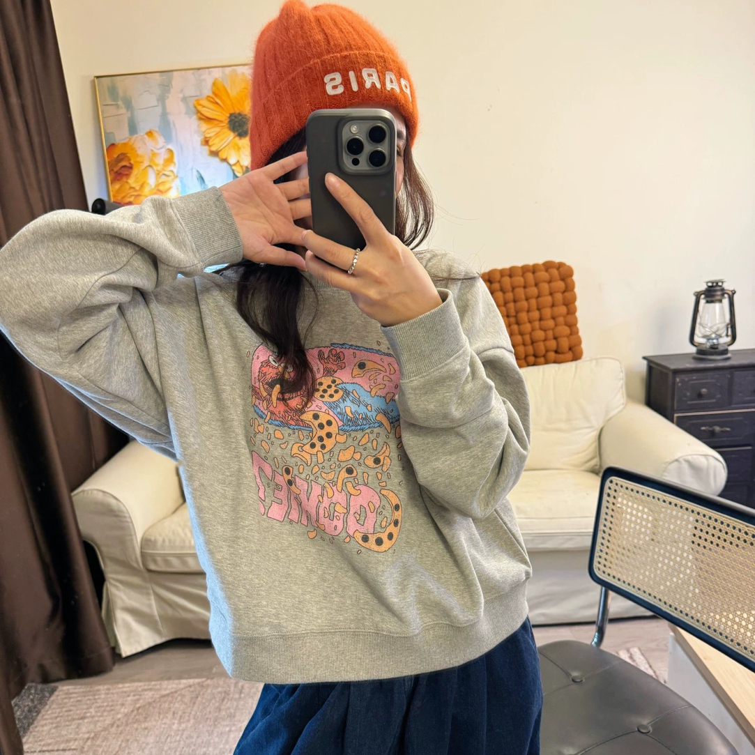 好看的粉色卡通印花！韩国代购加薄绒时髦宽松阔版休闲灰色卫衣