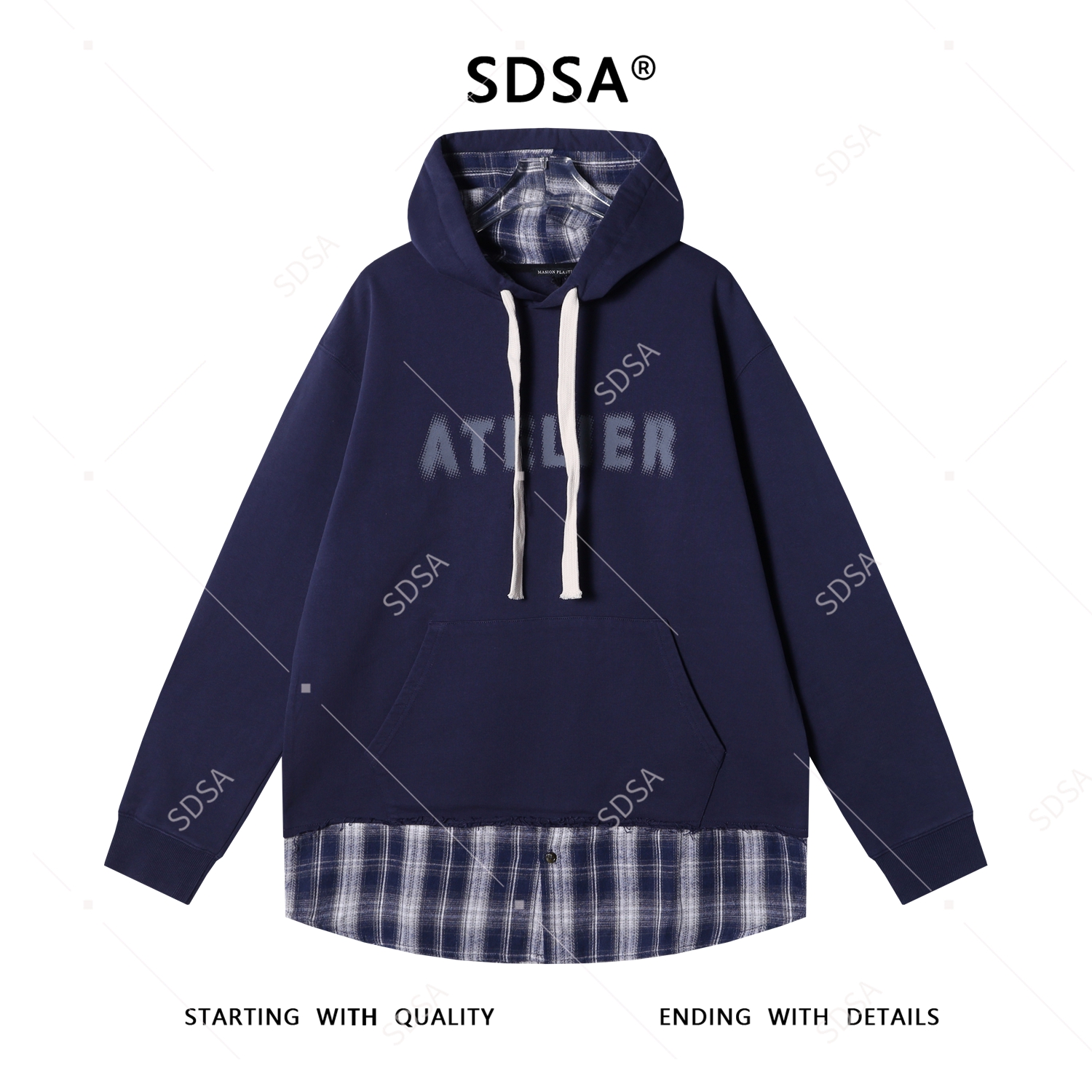 SDSA秋冬新款痞帅男装美式印花字母抽绳连帽卫衣格子拼接设计百搭