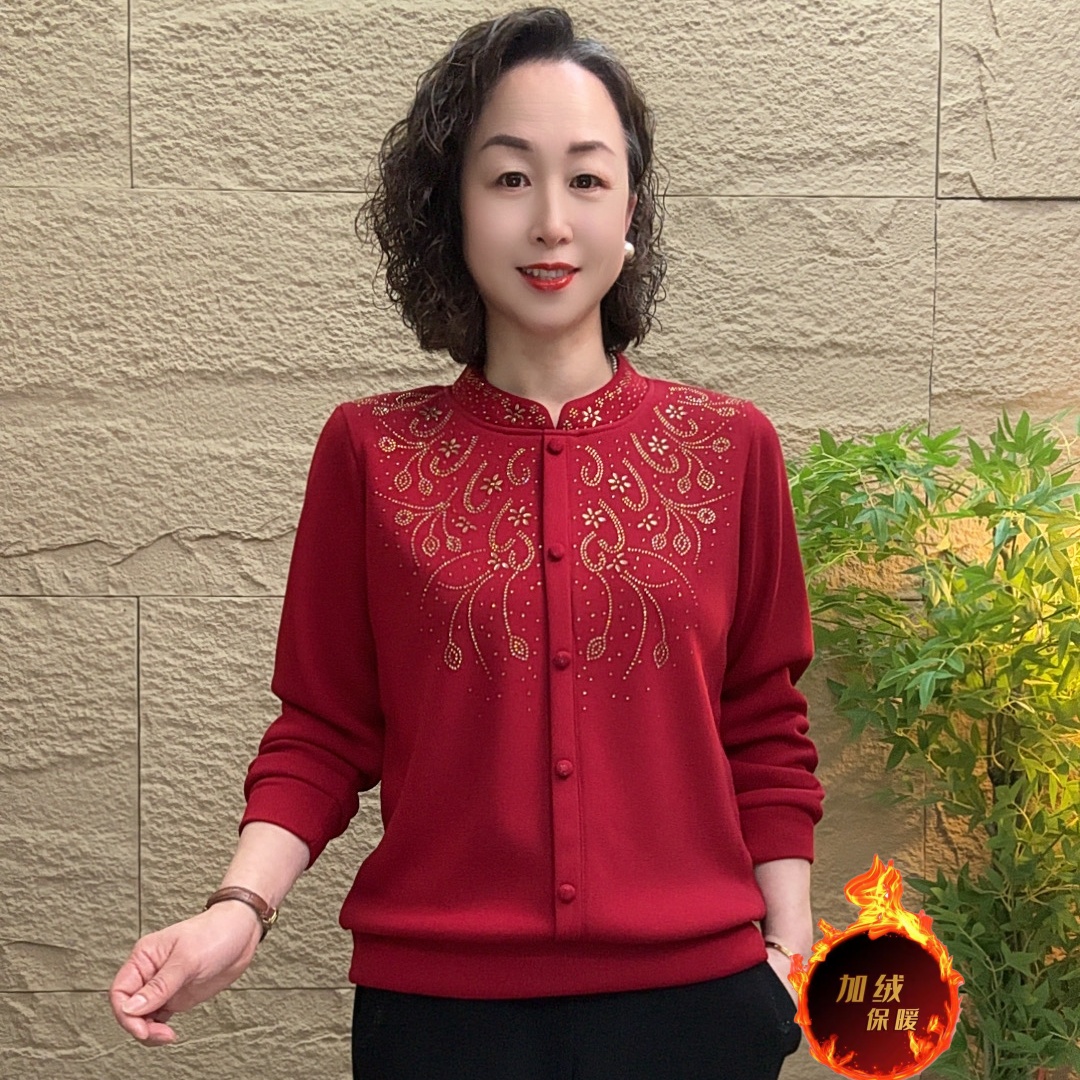 中老年女装冬季圆领加绒烫钻保暖新年喜庆洋气妈妈装休闲长袖上衣