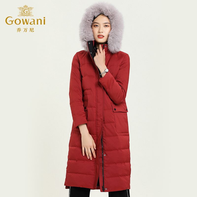 乔万尼专柜红色羽绒服女士修身保暖大码外套过膝长款韩版EB4T135