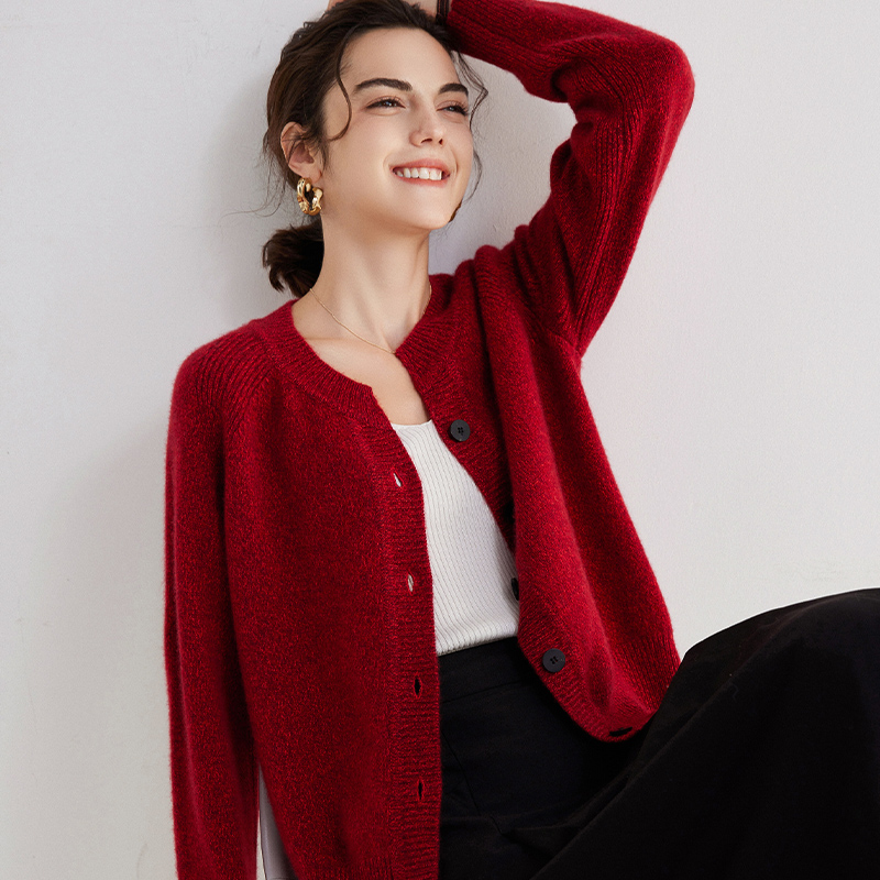 【喜庆花纱】100%纯山羊绒秋冬新款好看女流行款开衫百搭女士外套