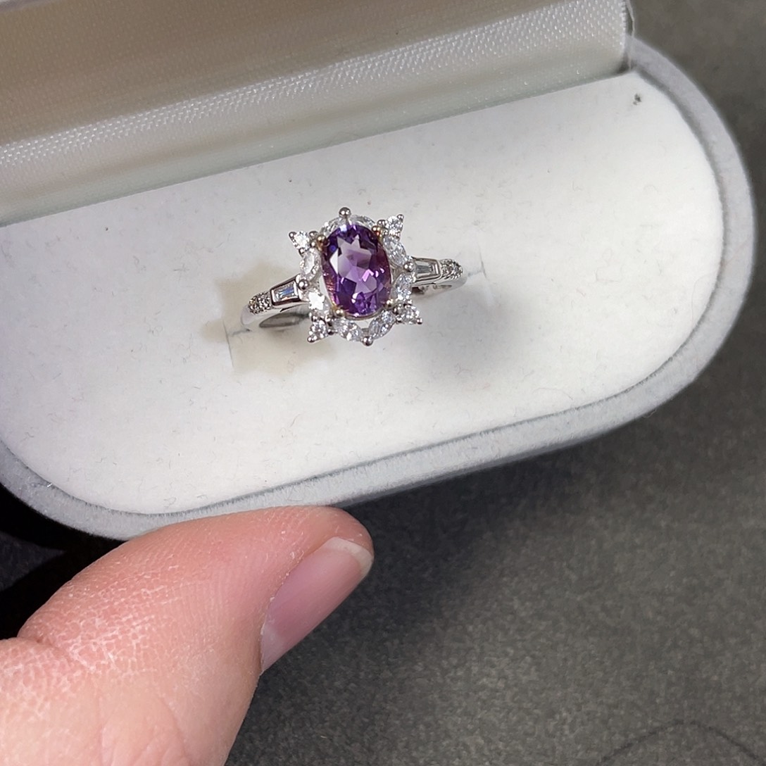 紫晶戒指银S925镀金镶嵌紫水晶戒指