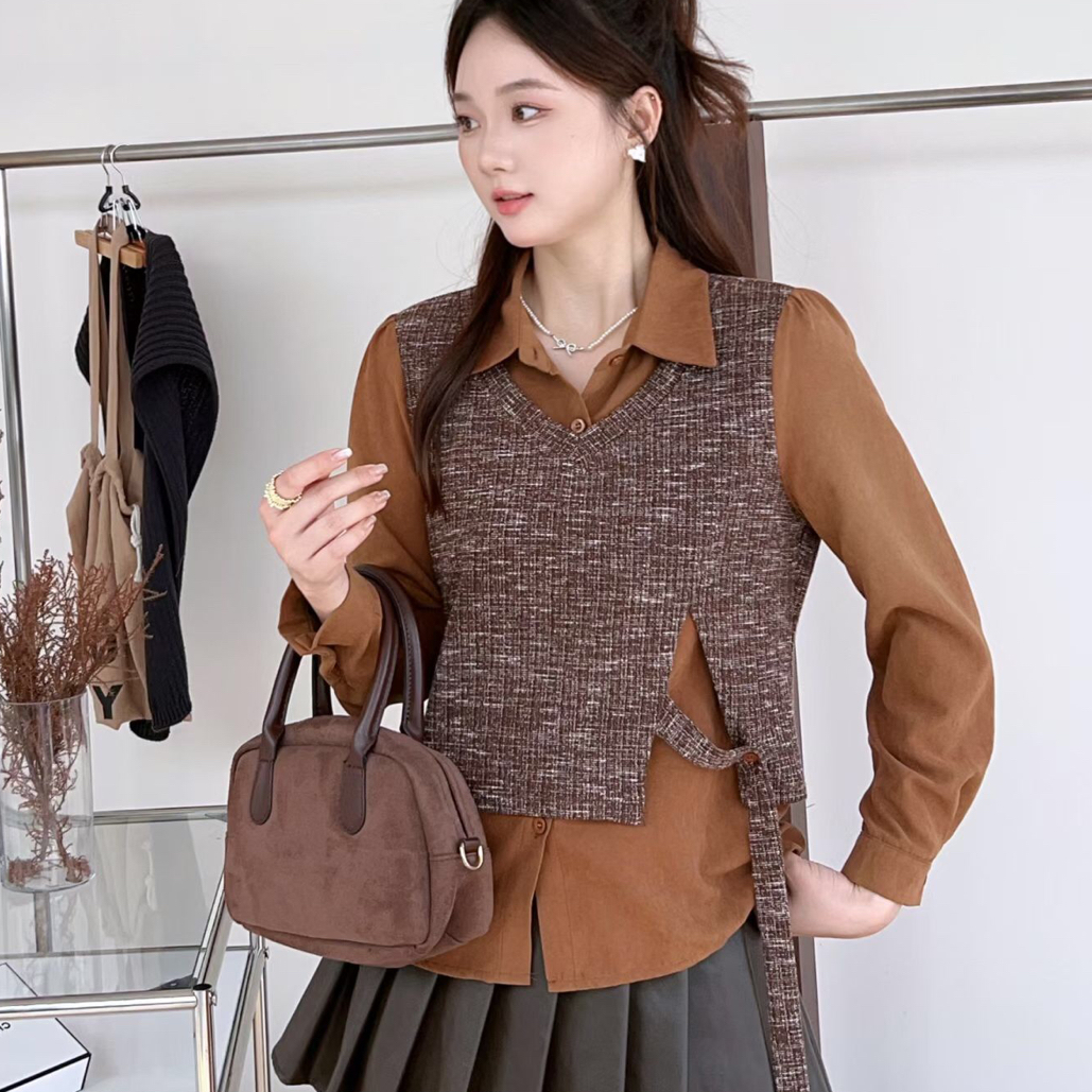 韩版不规则马甲拼接长袖衬衫假两件休闲翻领上衣女设计