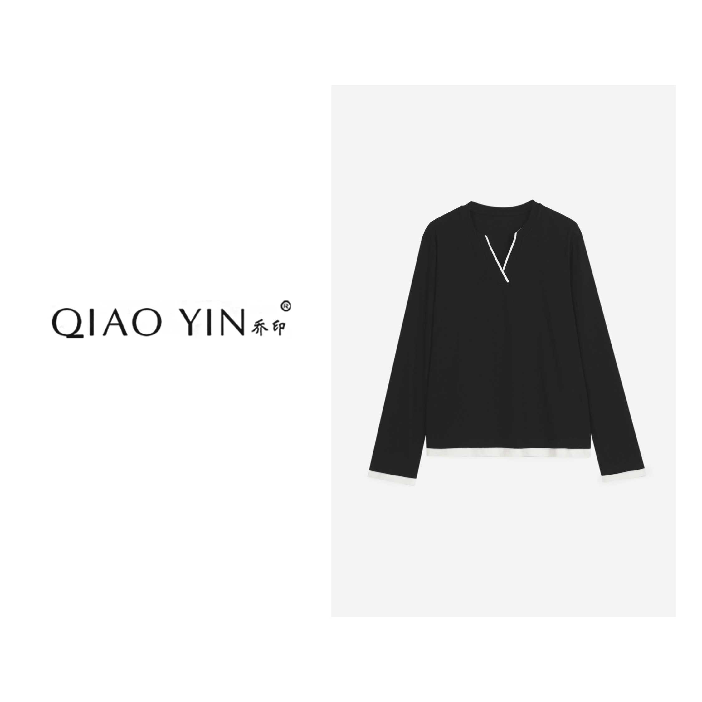 QIAO YIN"小衫“不规则百搭黑色长袖女士V领女装小衫QY26444