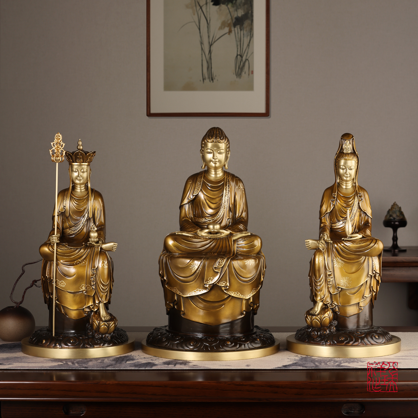 八瑞祥黄铜佛像家用供奉摆件【娑婆三圣】地藏观音菩萨释迦牟尼铜像