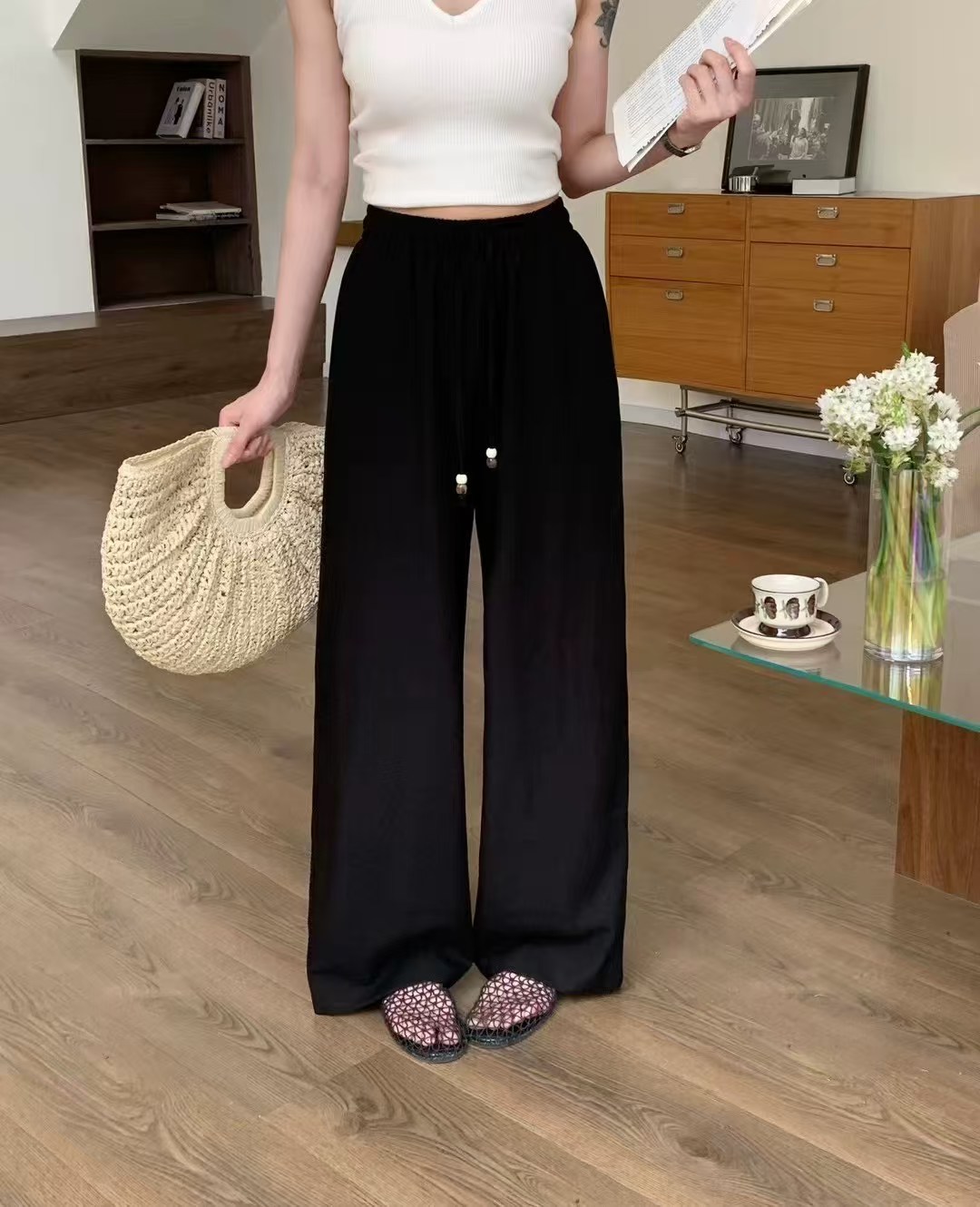 春夏新款亚麻阔腿裤女时尚宽松显瘦抽绳系带直筒裤