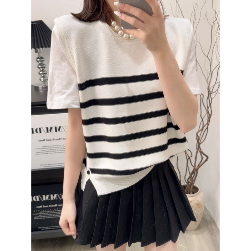 A8424号白色-夏季新款宽松圆领百搭拼色显瘦上衣内搭针织衫女