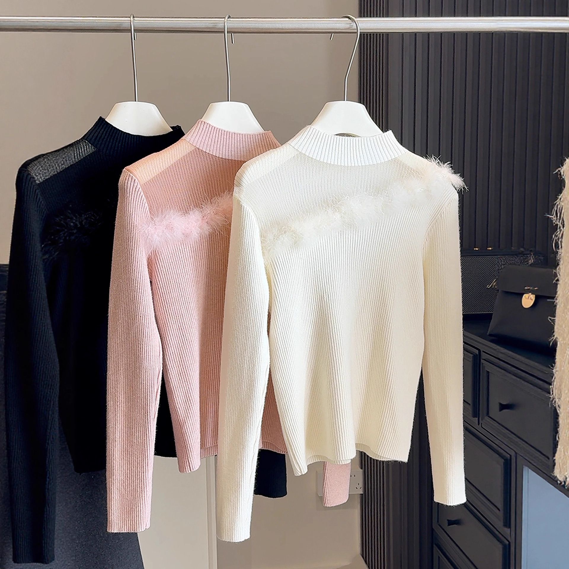 D3-设计感小众毛毛拼接小立领针织衫女秋冬修身显瘦百搭叠穿毛衣