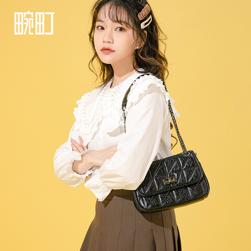 畹町菱形格链条小香风单肩斜挎包百搭黑色女士气质肩包时尚