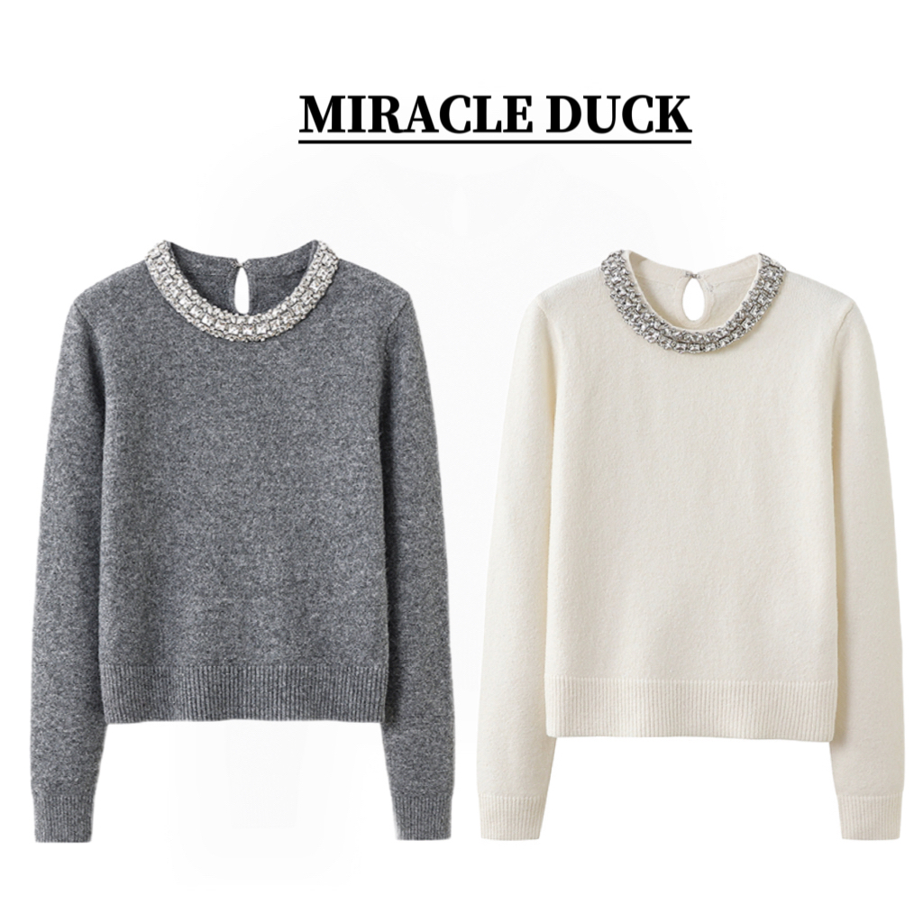 【朝夕月影】秋冬轻奢气质圆领重工钉珠套头长袖针织衫C1469