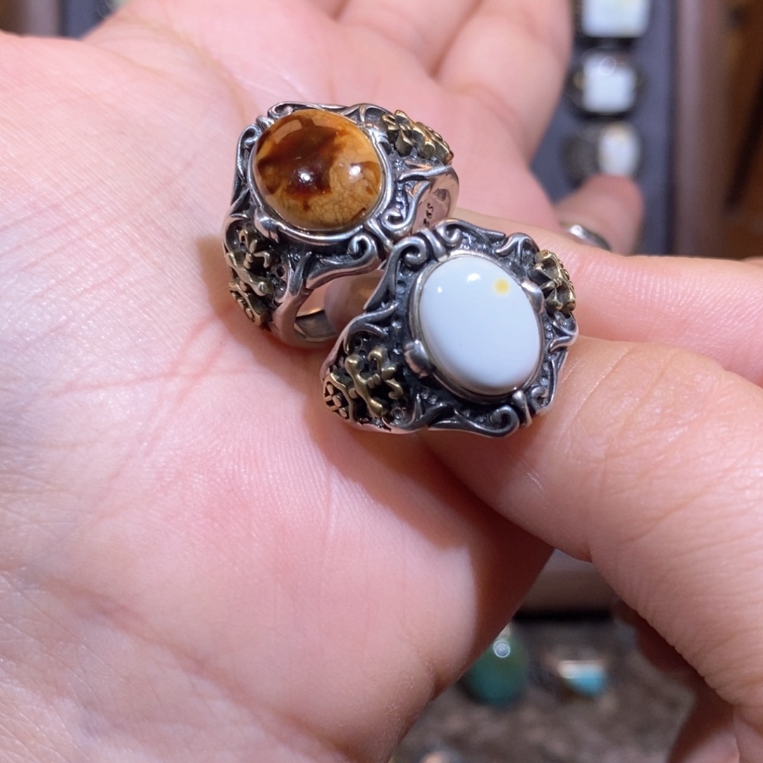 琥珀戒指银S925镶嵌戒指