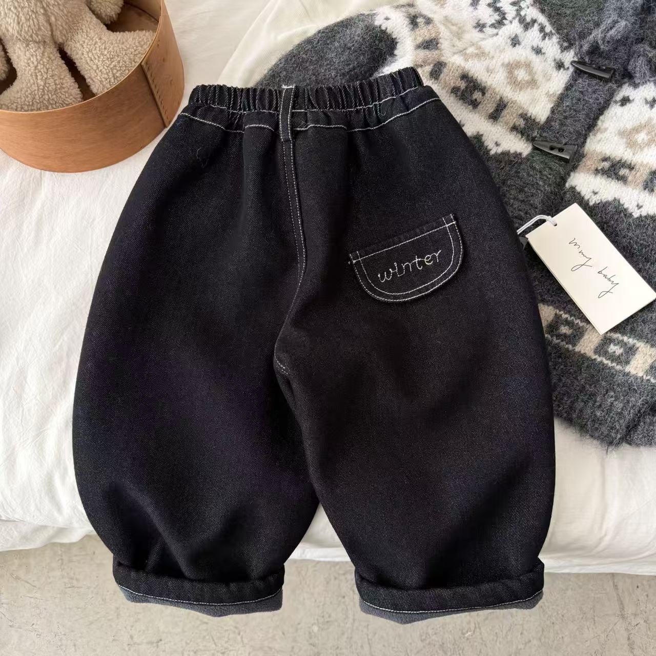 儿童长裤2025冬季新款男女童刺绣加厚牛仔裤宝宝简约休闲裤71016