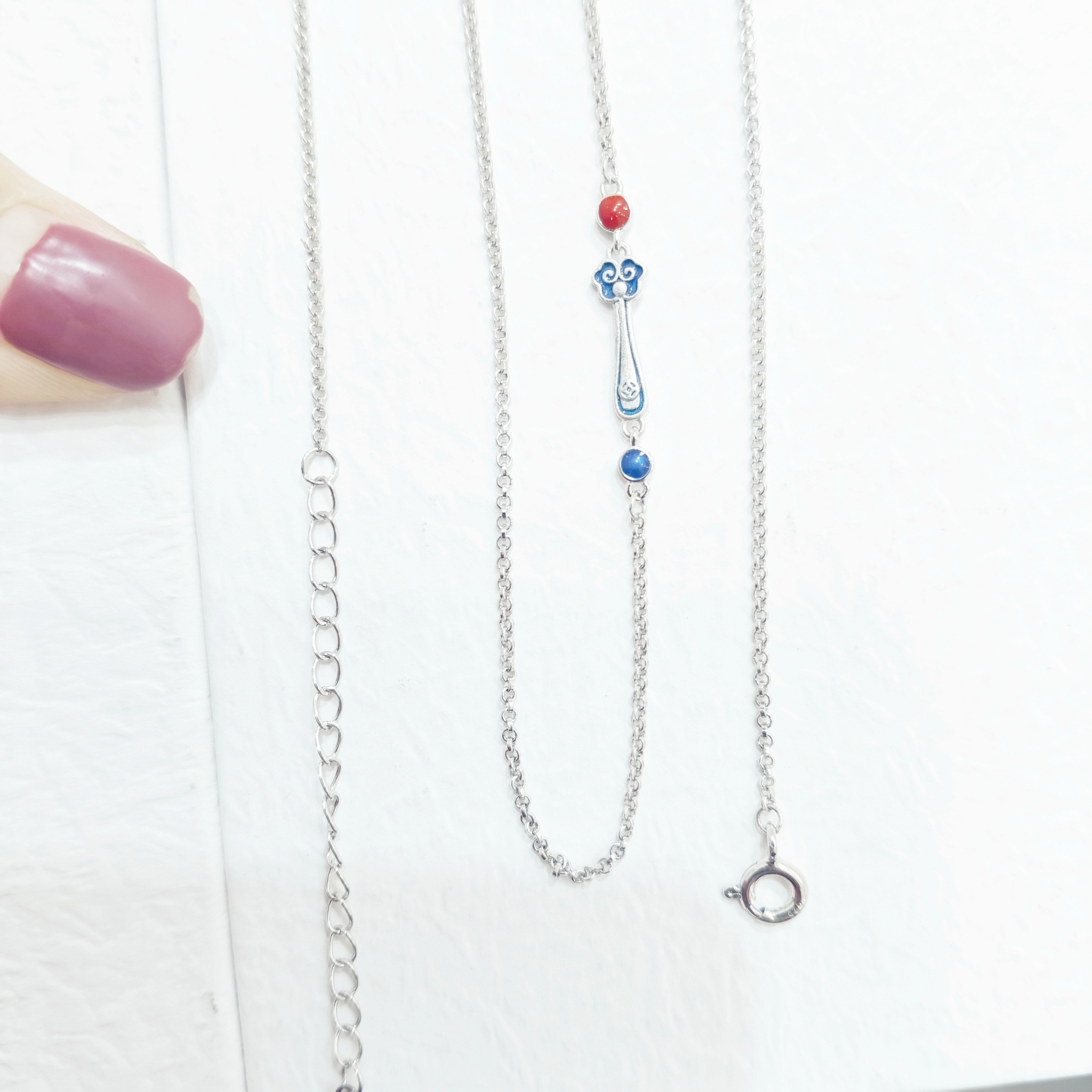 链子925银珐琅 925银烧蓝如意链复古简约银链时尚百搭个性