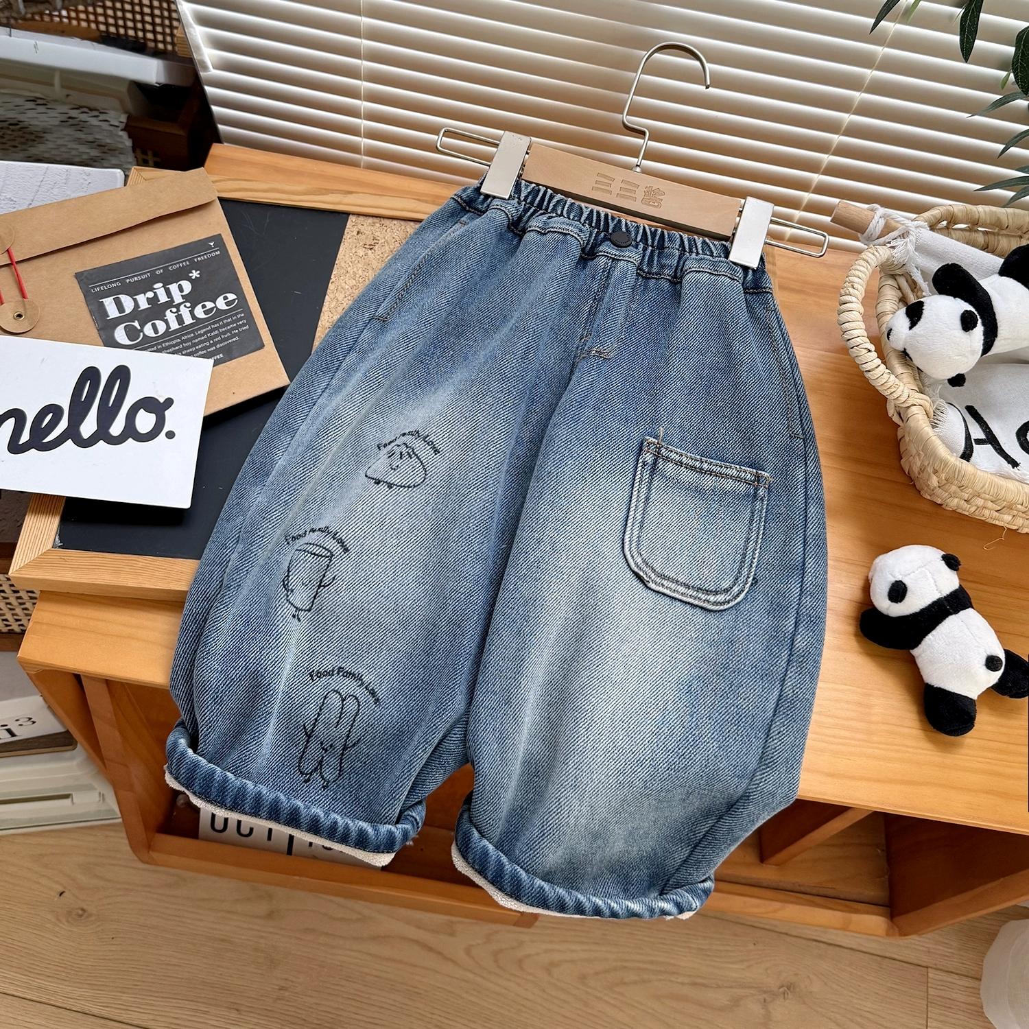 儿童洋气裤子男童加绒一体绒牛仔裤2025新款男女童软牛仔宝宝长裤