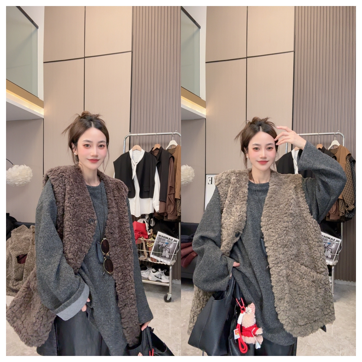 【轻绒欧包】气质穿搭~羊糕毛中长款宽松时尚外穿背心马甲