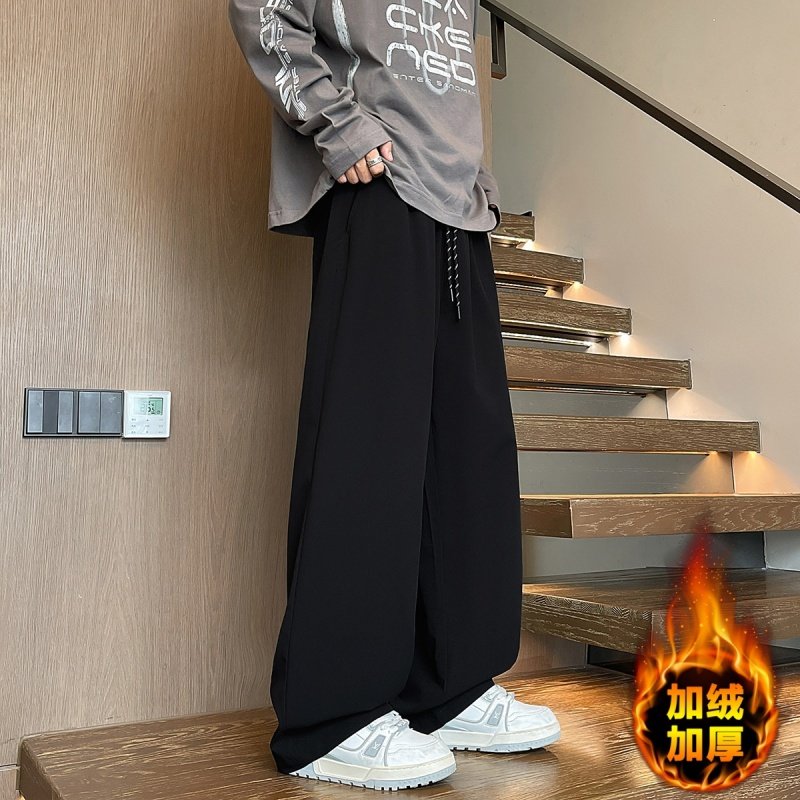 冬款纯色加绒休闲裤男生加肥加大码潮流人宽松保暖直筒阔腿裤