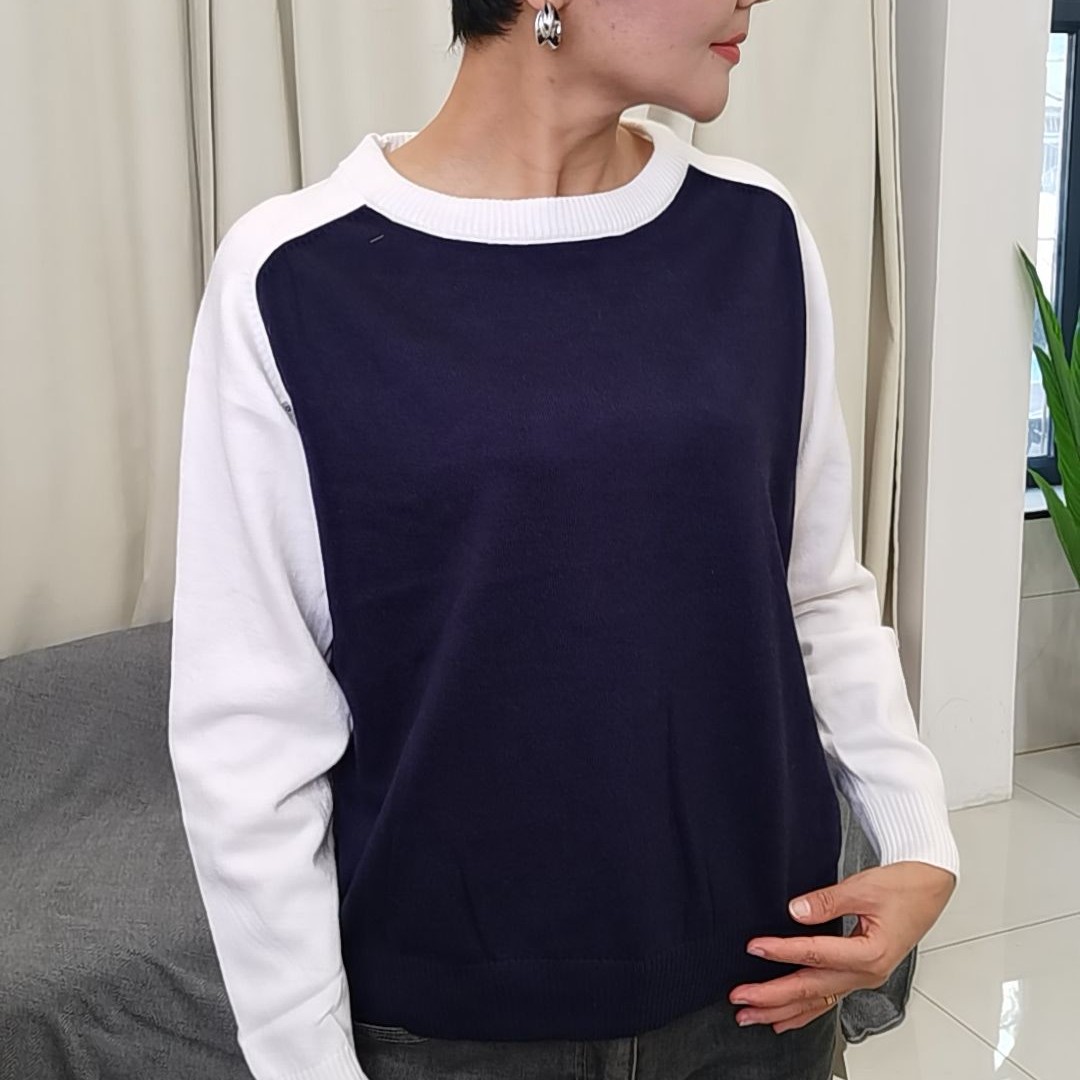 女款拼色圆领长袖针织衫时尚百搭显瘦秋冬毛衣上衣